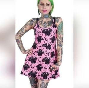 Too Fast Pink Bat Cat Moon Pentagram Skater Mini Dress Small